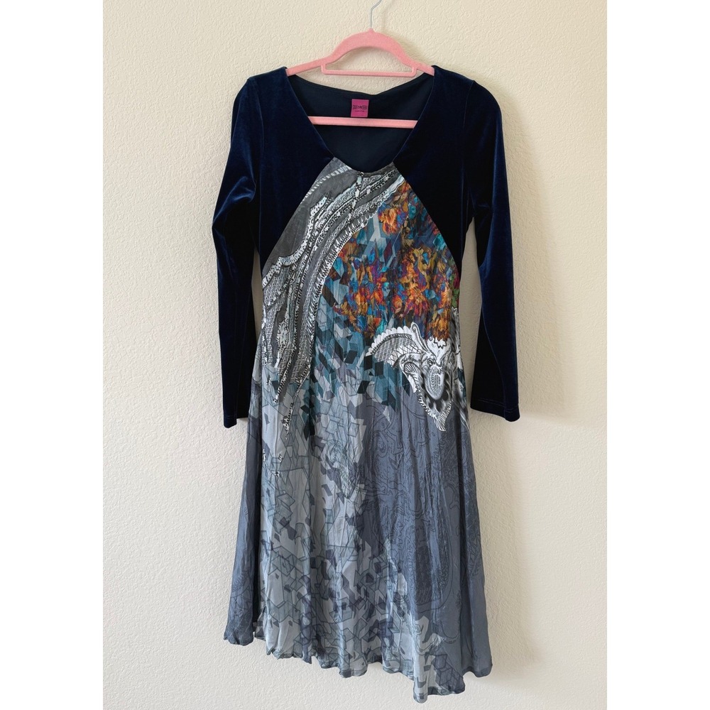 Save The Queen! Navy Velvet Mixed Media Geometric Paisley Dress Large whimsigoth